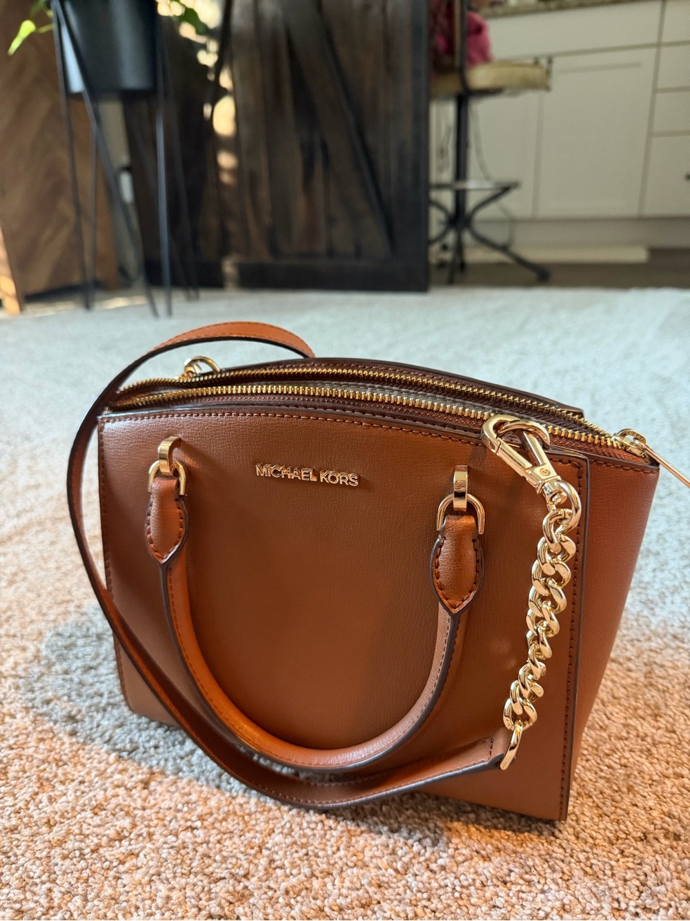 Michael Kors Brown Leather Dome Satchel with Gold Chain